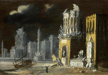 Fantastic Ruins with Saint Augustine and the Child (Francois de Nome aka Monsù Desiderio, 1623, The National Gallery, London)